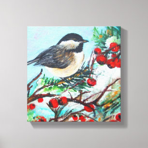 Impressão Em Tela Pássaro do Chickadee com as bagas no ramo
