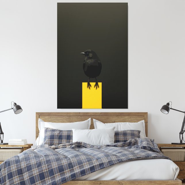 Impressão Em Tela Pássaro Negro no Pedestal Ouro (Insitu(Quarto))