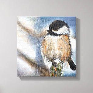 Impressão Em Tela Pássaro tampado preto do Chickadee no inverno