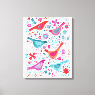Impressão Em Tela Pássaros de Aquarela em Jardim de Flores