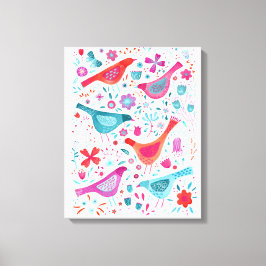Impressão Em Tela Pássaros em Aquarela em um Jardim de Flores Pintur