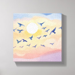 Impressão Em Tela Pássaros em Voo | Pôr do Sol Natureza Aquarela