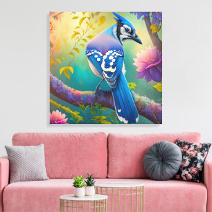 Impressão Em Tela Pássaros Fantasia Gaio Azul