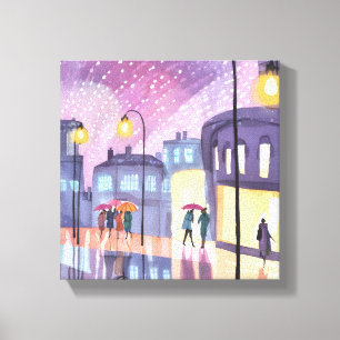 Impressão Em Tela Passeio Chuvoso Lofi   Aquarela Luzes Coloridas da