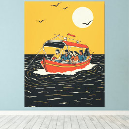 Impressão Em Tela Passeio de Barco ao Pôr do Sol – Minimalista Retrô