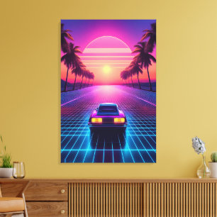 Impressão Em Tela Passeio Noturno de Neon: Synthwave Sunset Retro do