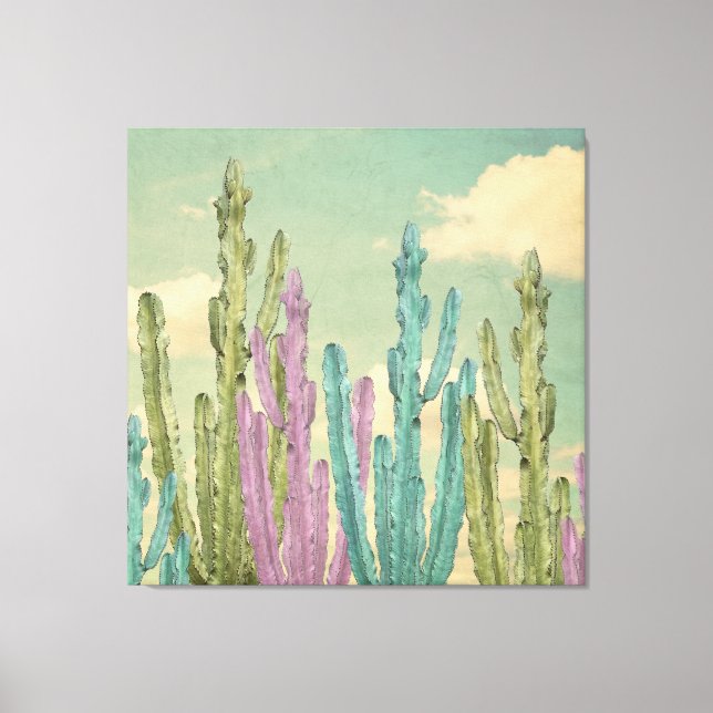 Impressão Em Tela Pastel Cactus contra a Colagem do céu nublado (Frente)