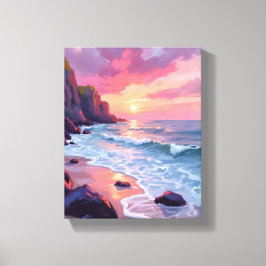 Impressão Em Tela Pastel Pink Beach Sunset Ocean Waves Watercolor