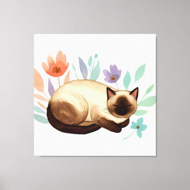 Impressão Em Tela Pastel Slumber: Siamese Cat in Bloom (Frente)