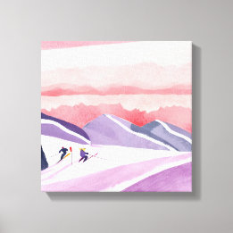 Impressão Em Tela Pastel Watercolor Ski Mountain Sunset