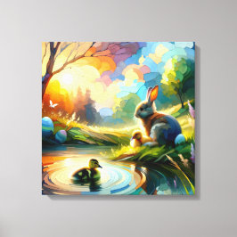 Impressão Em Tela Patinhos coelho bebê em lagoa pastel e paisagem