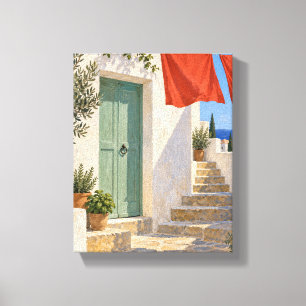 Impressão Em Tela Pátio de Celadon com Roupa Vermelha   Mediterrâneo