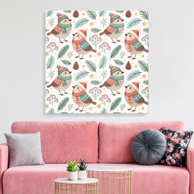 Impressão Em Tela Pattern Scandinavian Christmas Birds (Insitu(Sala de estar))