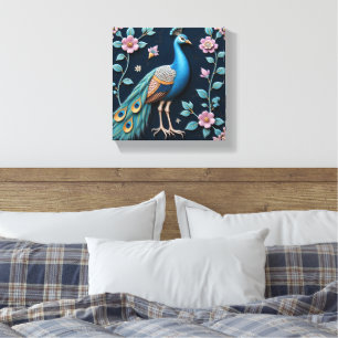 Impressão Em Tela Pavão Azul e Dourado