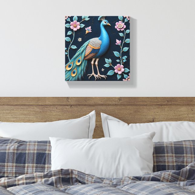 Impressão Em Tela Pavão Azul e Dourado (Insitu(Quarto))