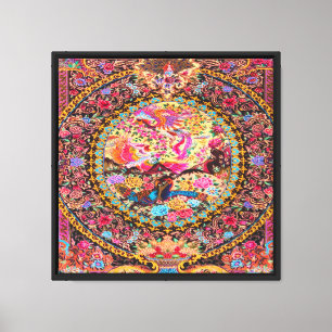 Impressão Em Tela Pavão Azul Pérsico, Dourado, Rosa, Flor Persa