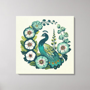 Impressão Em Tela Pavões Azuis e Verdes Vintage Peacock