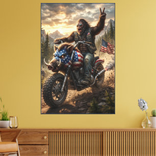 Impressão Em Tela Pé-grande pilotando uma moto com a bandeira dos EU