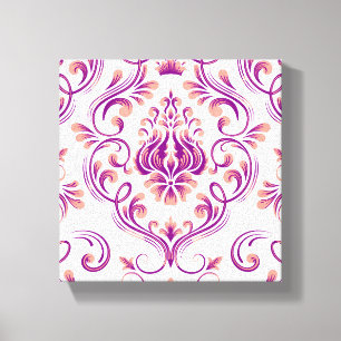 Impressão Em Tela Peach e Damasco Roxo Padrão Floral Elegante