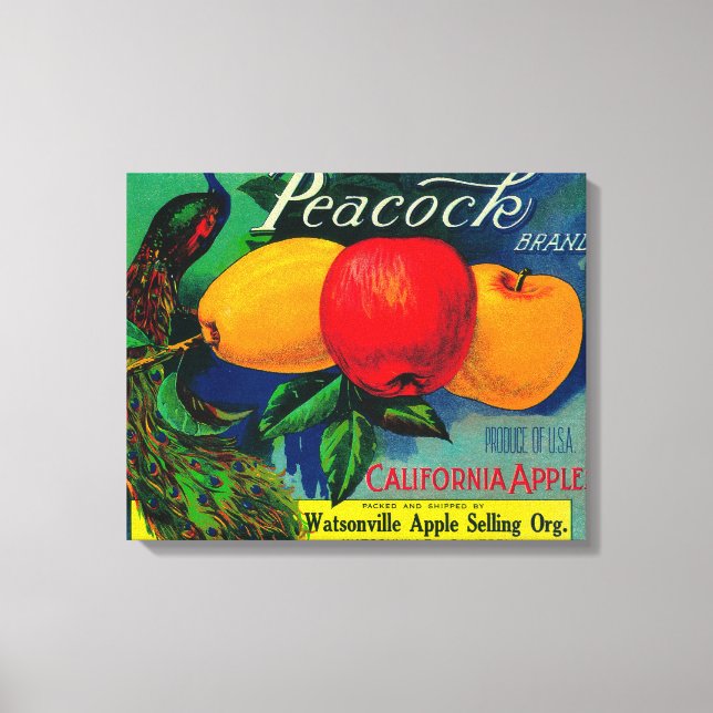 Impressão Em Tela Peacock Apple Crate LabelWatsonville, CA (Frente)