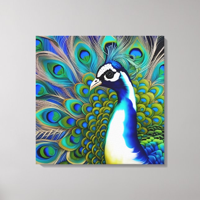 Impressão Em Tela Peacock Branco Azul e Verde (Frente)