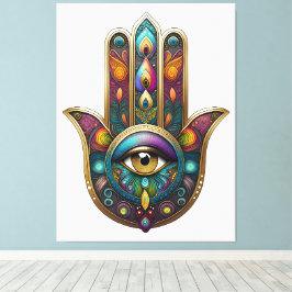 Impressão Em Tela Peacock Colors Hamsa w/ Gold Third Eye