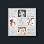 Impressão Em Tela Pegadas de Cinza Fotográfica Múltipla<br><div class="desc">Crie uma gravidez que seja tão única quanto seu filho precioso com este design de 4 fotos "Olá, Pequeno Um" com o nome do seu bebê, estatísticas de natalidade, nomes de pais e irmãos. No centro estão duas linhas de modelo para sua mensagem pessoal ou você pode usar a nossa....</div>