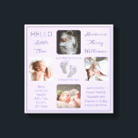 Impressão Em Tela Pegadas de Lavanda de Fotografias Múltiplas<br><div class="desc">Crie uma gravidez que seja tão única quanto seu filho precioso com este design de 4 fotos "Olá, Pequeno Um" com o nome do seu bebê, estatísticas de natalidade, nomes de pais e irmãos. No centro estão duas linhas de modelo para sua mensagem pessoal ou você pode usar a nossa....</div>