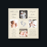 Impressão Em Tela Pegadas Fotográficas Múltiplas Foto Greige Birth K<br><div class="desc">Crie uma gravidez que seja tão única quanto seu filho precioso com este design de 4 fotos "Olá, Pequeno Um" com o nome do seu bebê, estatísticas de natalidade, nomes de pais e irmãos. No centro estão duas linhas de modelo para sua mensagem pessoal ou você pode usar a nossa....</div>