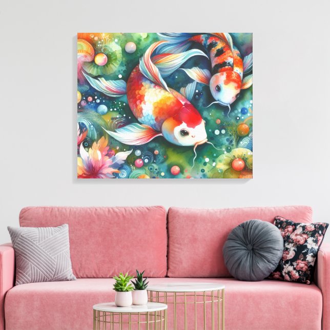 Impressão Em Tela Peixe-Koi Colorido Aquarela Laranja (Insitu(Sala de estar))