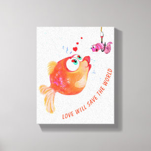 Impressão Em Tela Peixes Engraçados e Vermes Adoram Desenho Românt