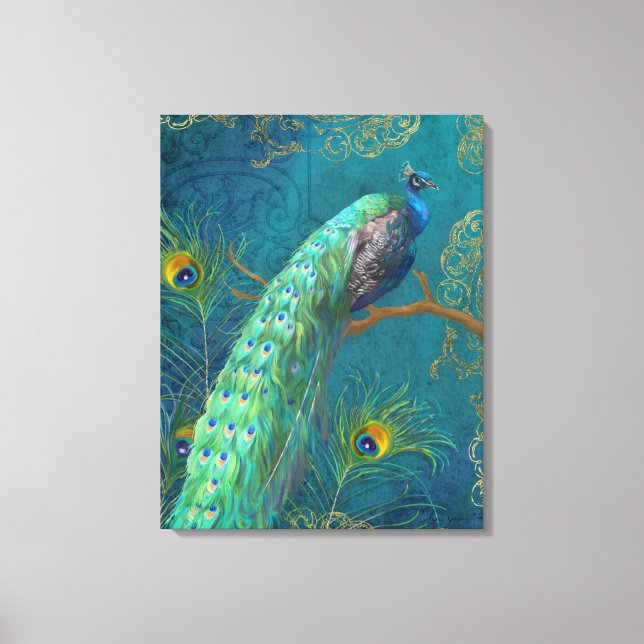 Impressão Em Tela Penas de peacock em galho pintando azul (Frente)