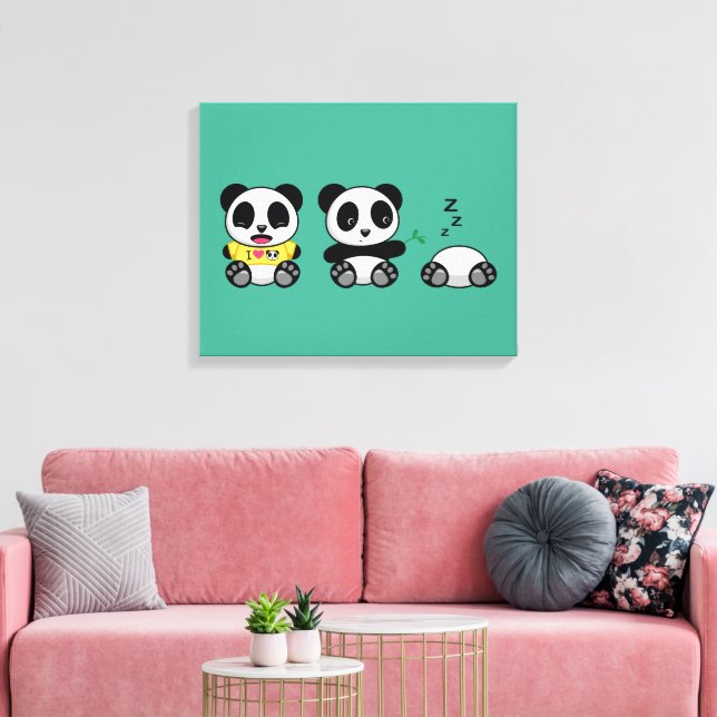 Impressão Em Tela Pequenos Pandas Bonitos em Verde (Insitu(Sala de estar))