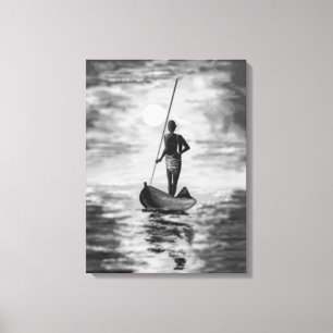 Impressão Em Tela Pescador No Barco Ao Sol - Branco Negro