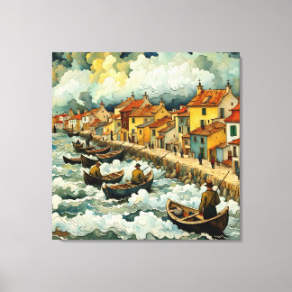 Impressão Em Tela Pescadores de barcos ao estilo Van Gogh, em Stormy