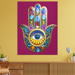 Impressão Em Tela Pétalas Coloridas Folhas Hamsa Safira Terceiro Olh