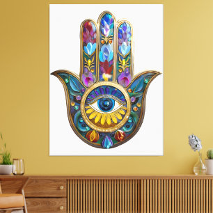 Impressão Em Tela Pétalas Coloridas Folhas Hamsa Safira Terceiro Olh