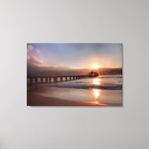 Impressão Em Tela Pier da praia ao pôr do sol, Havaí