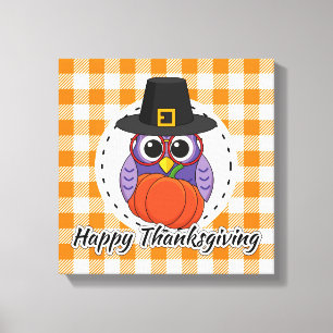 Impressão Em Tela Pilgrim Owl em Orange Xadrez - Feliz Ação de Gra