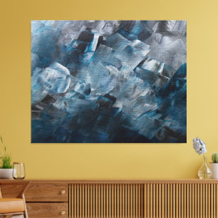 Impressão Em Tela Pinceladas Abstratas Escuras em Tons de Azul e Cin