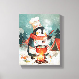 Impressão Em Tela Pinguim Fofo Cozinhando Aquarela Berçário de Inver