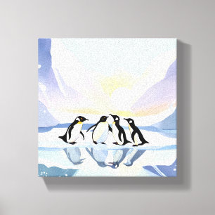 Impressão Em Tela Pinguins Aquarela de Inverno Neve e Gelo Fofo