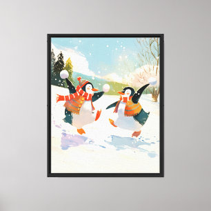 Impressão Em Tela Pinguins Fofos Brincando na Aquarela de Berçário d