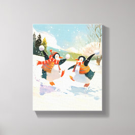 Impressão Em Tela Pinguins Fofos Brincando na Neve Aquarela Quarto I