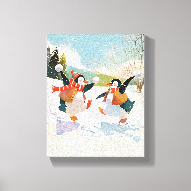 Impressão Em Tela Pinguins Fofos Brincando na Neve Aquarela Quarto I (Frente)