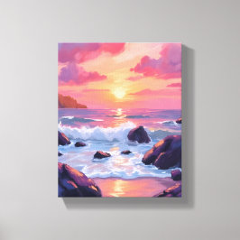 Impressão Em Tela Pink Coral Sunset | Ocean Waves Watercolor