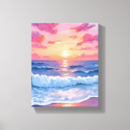 Impressão Em Tela Pink Ocean Waves Sunset Watercolor