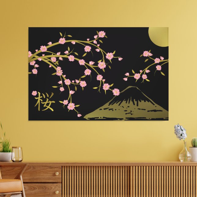 Impressão Em Tela Pink Sakura Gold Black Japanese Screen Poster (Insitu(Sala de estar))
