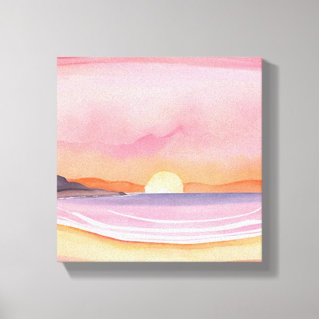 Impressão Em Tela Pink Sunset | Pintura em Céu de Praia de Watercolo (Frente)