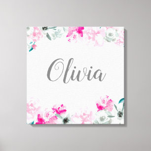 Impressão Em Tela Pink Watercolor Baby Girl name - Arte floral de pa